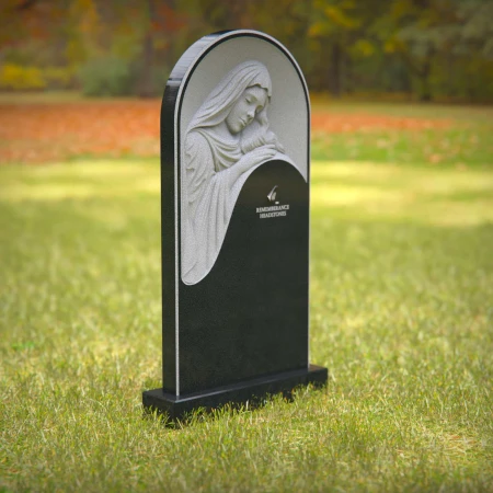 headstone, tombstone, bronze grave markers, grave ornaments, polished black granite headstone with engraved Jesus Christ figure, elegant black granite memorial stone featuring a religious depiction.