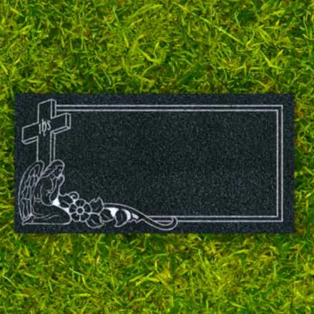 1643 - Angel & Cross Flat Granite Grave Marker with Floral Engraving