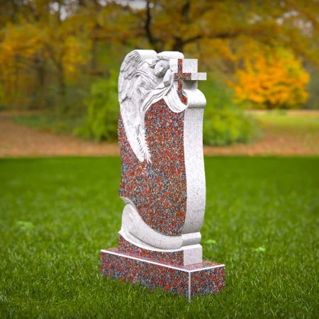 This design unites an angel's calm with religious symbolism in tombstones