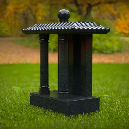 1574 - Traditional Asian-Inspired Black Granite Memorial with Pagoda Roof