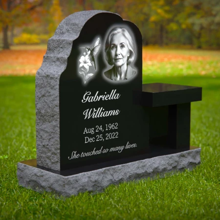 1990 - Portrait Memorial Headstone with Bench and Hummingbird Engraving