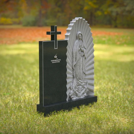 Religious headstones featuring Virgin Mary and cross for sacred memorials.