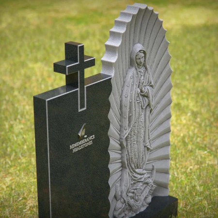 Religious headstones featuring Virgin Mary and cross for sacred memorials.