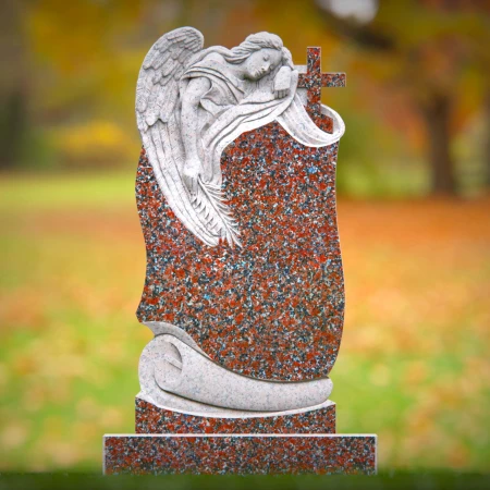 This design unites an angel's calm with religious symbolism in tombstones