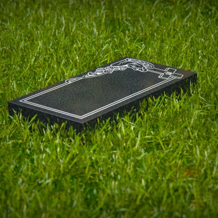 1643 - Angel & Cross Flat Granite Grave Marker with Floral Engraving
