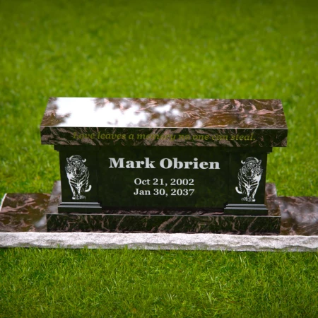 1989 - Bold Memorial Bench Headstone with Tiger Engraving and Elegant Inscription