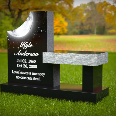 1987 - Celestial-Themed Upright Headstone with Bench and Moonlit Design
