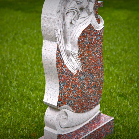 This design unites an angel's calm with religious symbolism in tombstones
