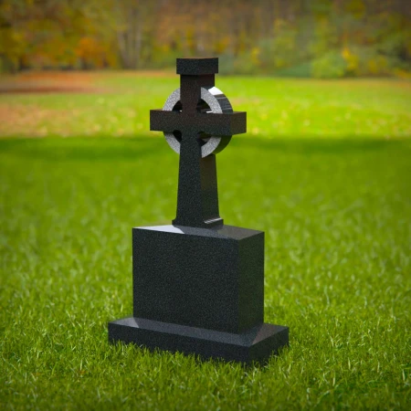 1573 - Celtic Cross Black Granite Headstone with Intricate Engravings