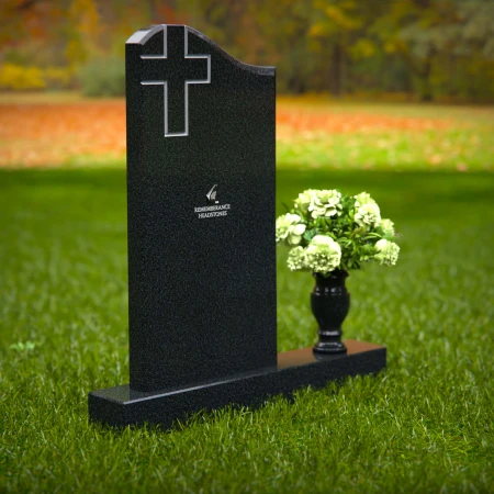 Granite headstones featuring a cross design and flower vase.