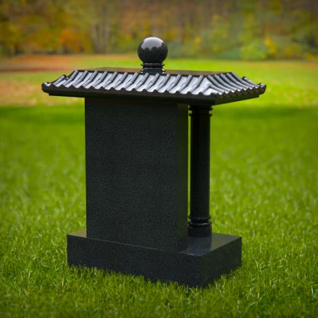 1574 - Traditional Asian-Inspired Black Granite Memorial with Pagoda Roof