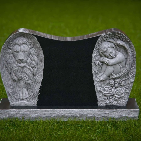 1964 - Grabstein aus Granit mit geschnitztem Löwen- und Engelmotiv
