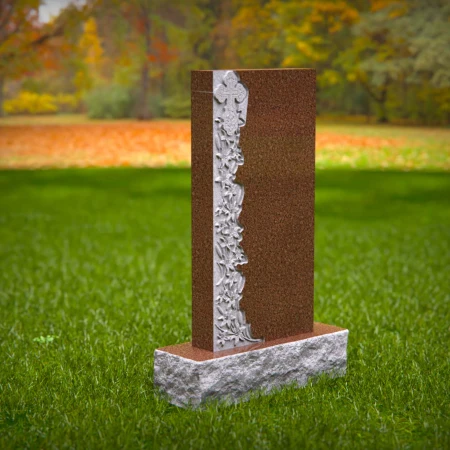 Peaceful remembrance shaped in carved vine and spiritual cross on headstones