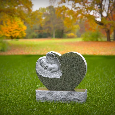 Grace-borne tombstones showing baby at rest on heartstone