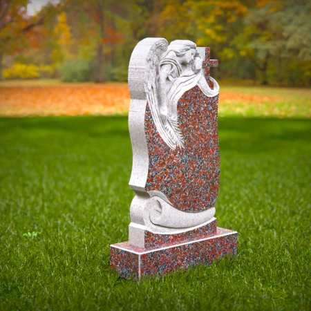 This design unites an angel's calm with religious symbolism in tombstones