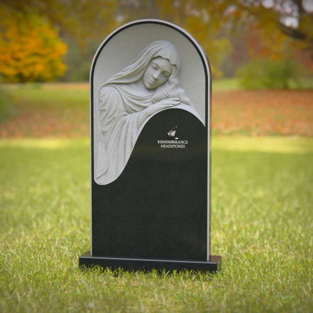 headstone, tombstone, bronze grave markers, grave ornaments, polished black granite headstone with engraved Jesus Christ figure, elegant black granite memorial stone featuring a religious depiction.