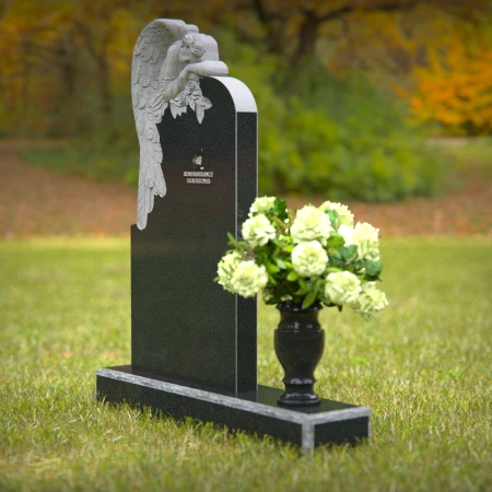 Serene angel black granite headstone with flower vase — perfect memorial tribute.