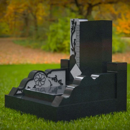 1563 - Modern Black Granite Headstone with Asian-Inspired Engraving