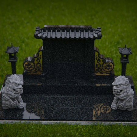 1897 - Serene Monument with Guardian Lion Statues in Tranquil Park Setting
