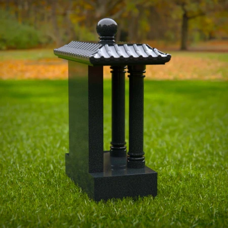 1574 - Traditional Asian-Inspired Black Granite Memorial with Pagoda Roof