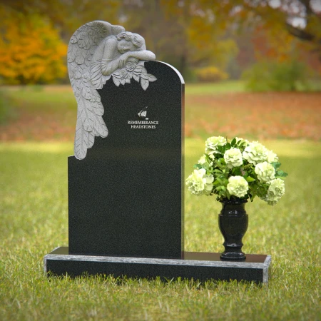 Serene angel black granite headstone with flower vase — perfect memorial tribute.