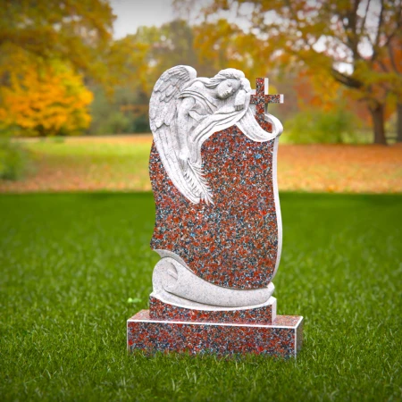 This design unites an angel's calm with religious symbolism in tombstones