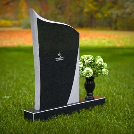 Modern headstones featuring flowing curved design and floral vases.