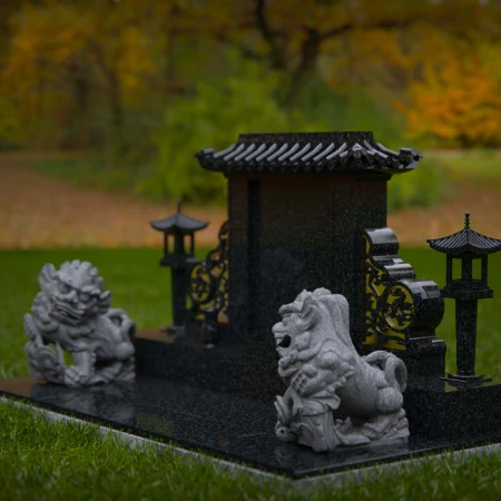 1897 - Serene Monument with Guardian Lion Statues in Tranquil Park Setting