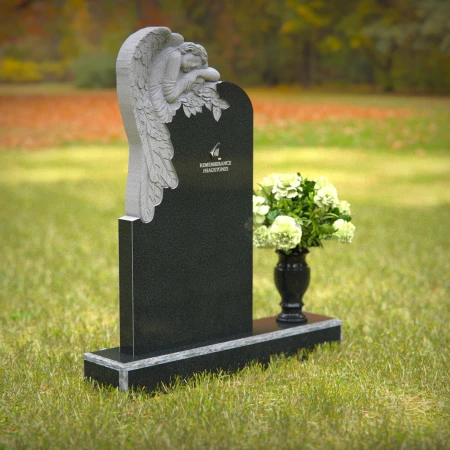 Serene angel black granite headstone with flower vase — perfect memorial tribute.
