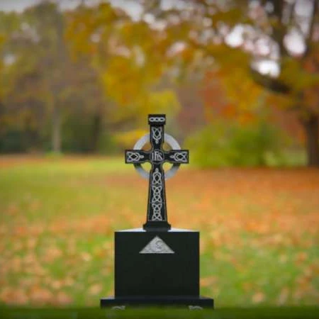 1573 - Celtic Cross Black Granite Headstone with Intricate Engravings