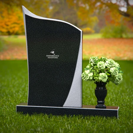 Modern headstones featuring flowing curved design and floral vases.