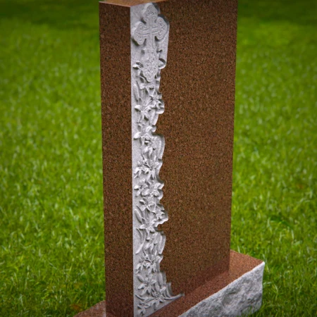 Peaceful remembrance shaped in carved vine and spiritual cross on headstones