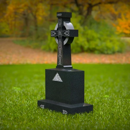 1573 - Celtic Cross Black Granite Headstone with Intricate Engravings