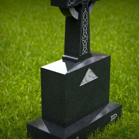 1573 - Celtic Cross Black Granite Headstone with Intricate Engravings
