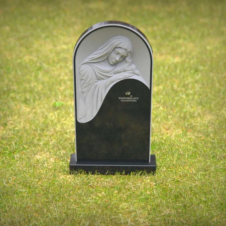 headstone, tombstone, bronze grave markers, grave ornaments, polished black granite headstone with engraved Jesus Christ figure, elegant black granite memorial stone featuring a religious depiction.
