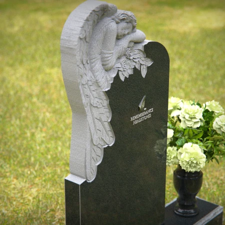 Serene angel black granite headstone with flower vase — perfect memorial tribute.