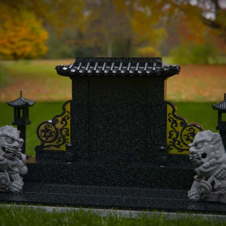 1897 - Serene Monument with Guardian Lion Statues in Tranquil Park Setting