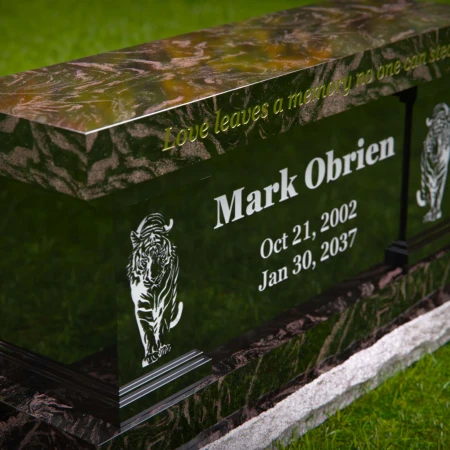 1989 - Bold Memorial Bench Headstone with Tiger Engraving and Elegant Inscription