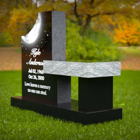 1987 - Celestial-Themed Upright Headstone with Bench and Moonlit Design