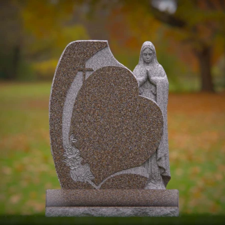 1927 - Heart-Shaped Monument with Carved Praying Figure and Cross Accent