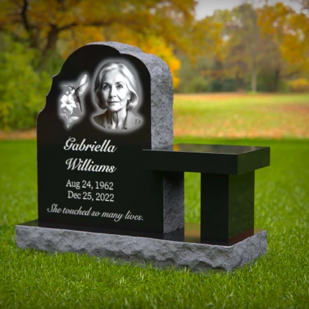 1990 - Portrait Memorial Headstone with Bench and Hummingbird Engraving