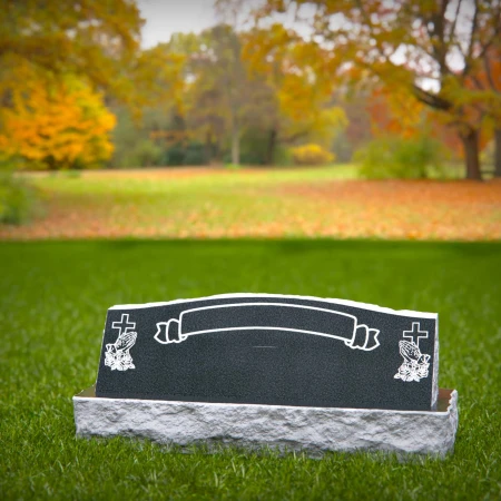 1814 - Low Companion Headstone with Banner, Cross, and Praying Hands Design