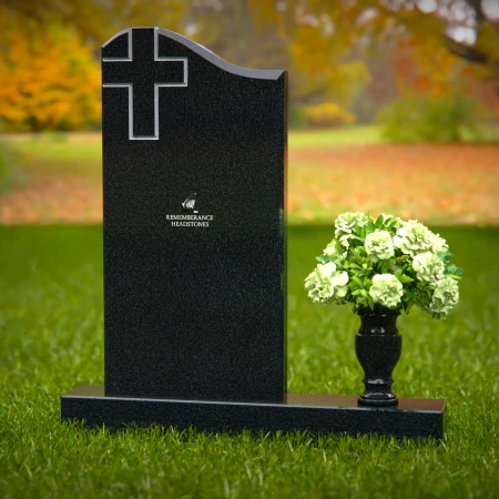 Granite headstones featuring a cross design and flower vase.