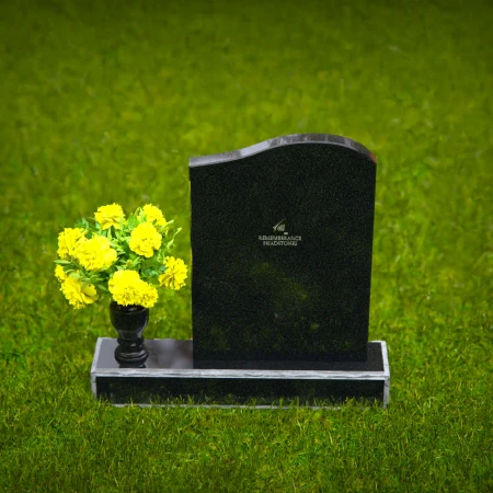 Elegant granite headstones with gently curved top and flower vase.
