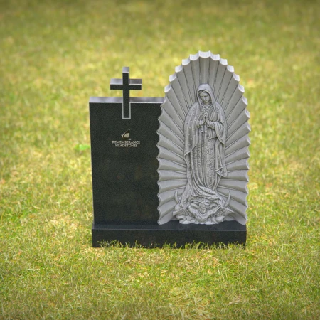 Religious headstones featuring Virgin Mary and cross for sacred memorials.