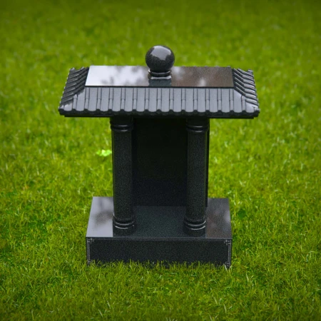 1574 - Traditional Asian-Inspired Black Granite Memorial with Pagoda Roof