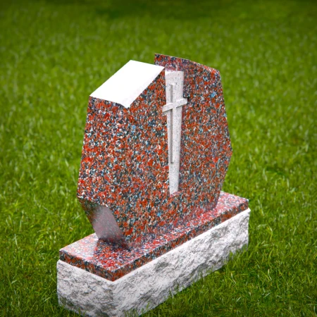 1947 - Geometrischer roter Granit-Grabstein mit Kreuz - Auffälliges Denkmaldesign