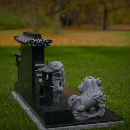1897 - Serene Monument with Guardian Lion Statues in Tranquil Park Setting