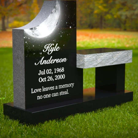 1987 - Celestial-Themed Upright Headstone with Bench and Moonlit Design