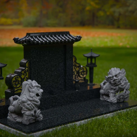 1897 - Serene Monument with Guardian Lion Statues in Tranquil Park Setting